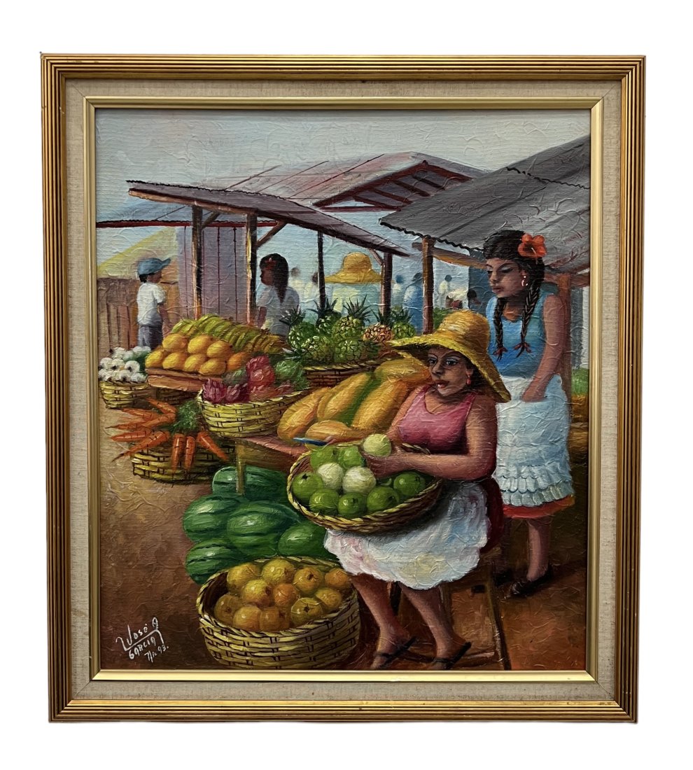 Jose A Garcia, Latin American Market Scene: Oil on canvas 23 x 20 in, 26 1/2 x 23 1/2 in (framed)