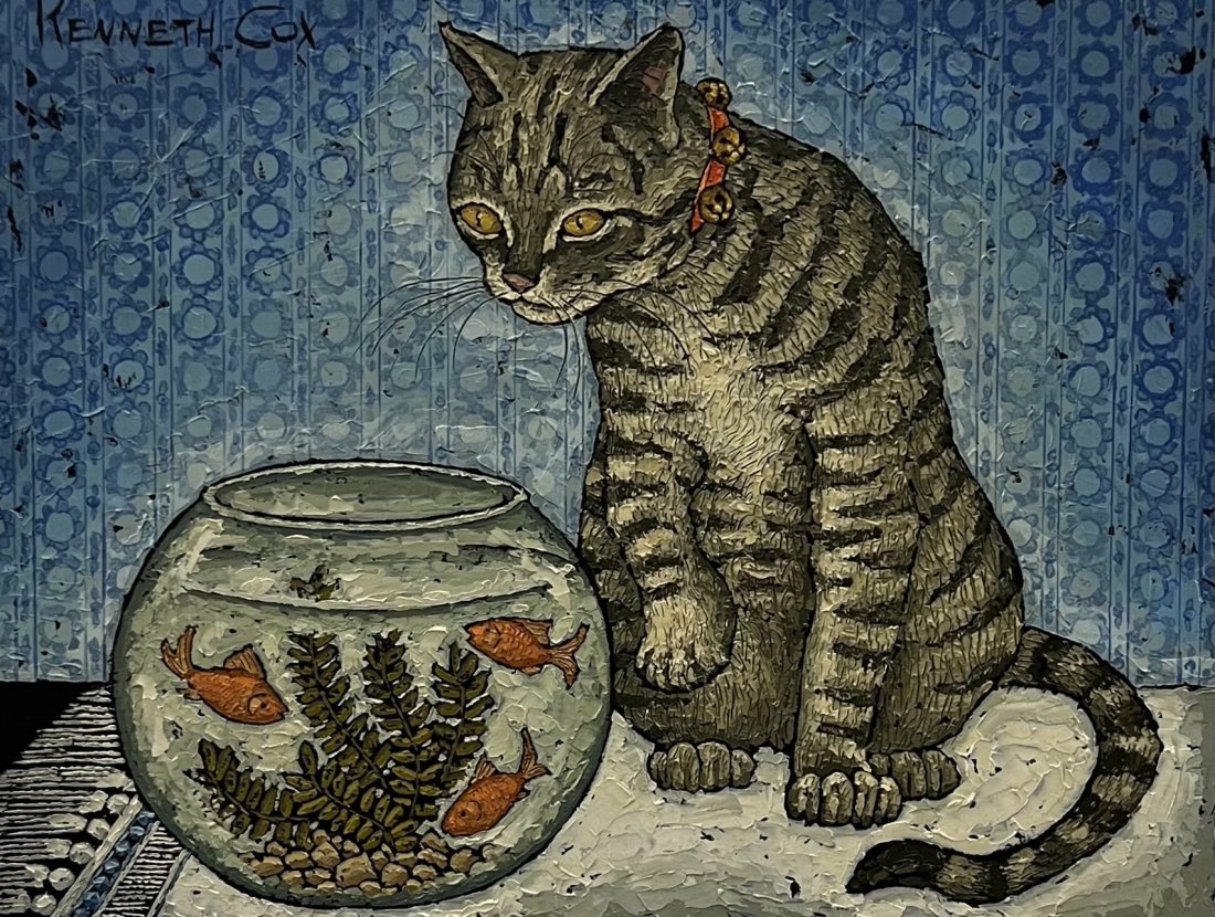 KENNETH COX (20th c, American) Cat & Goldfish: Oil on board 18 x 14 in