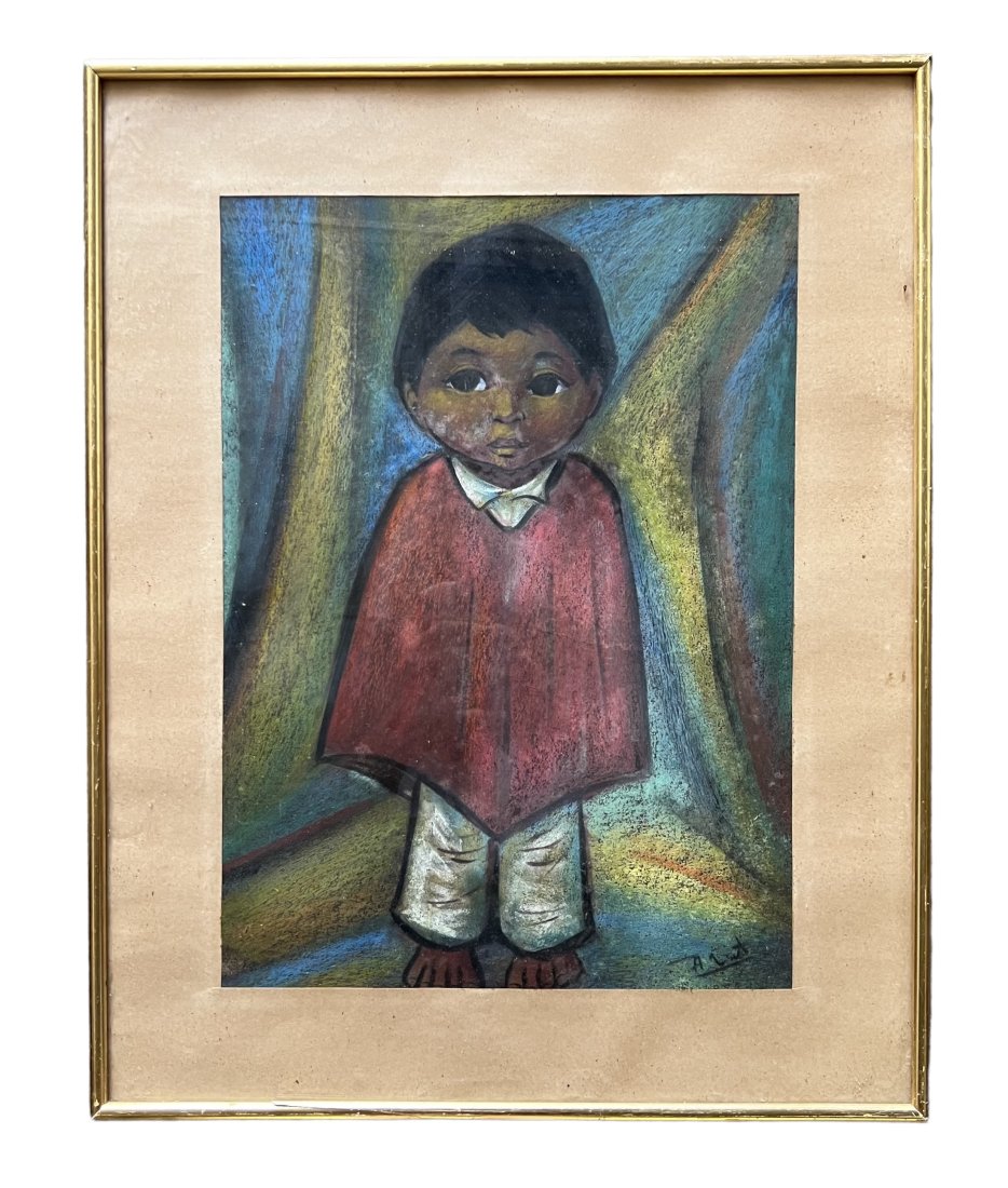 ARTURO NIETO (20th c, Ecuador) Cubist Juvenile Portrait: Pastel on paper 18 1/4 x 13 1/4 in, 25 1/2 x 19 1/2 in (framed)