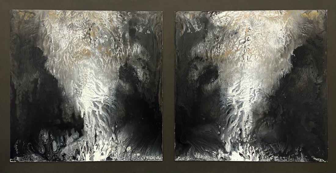 Pair Of Black & White Abstract Expressinist Paintings Signed On Back (1 of 2)