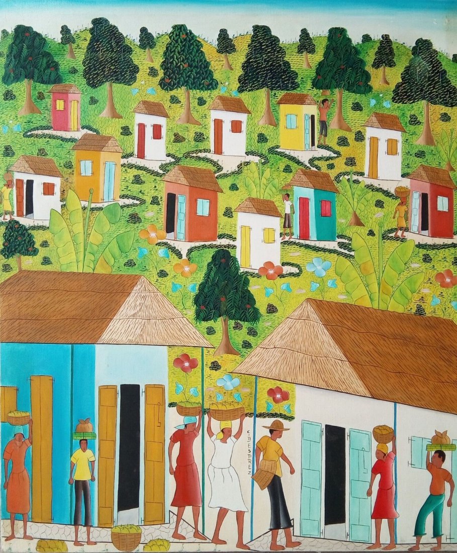 CYRILL DESPREZ (20th c, Haitian) Village Scene: Oil on canvas 24 x 20 in