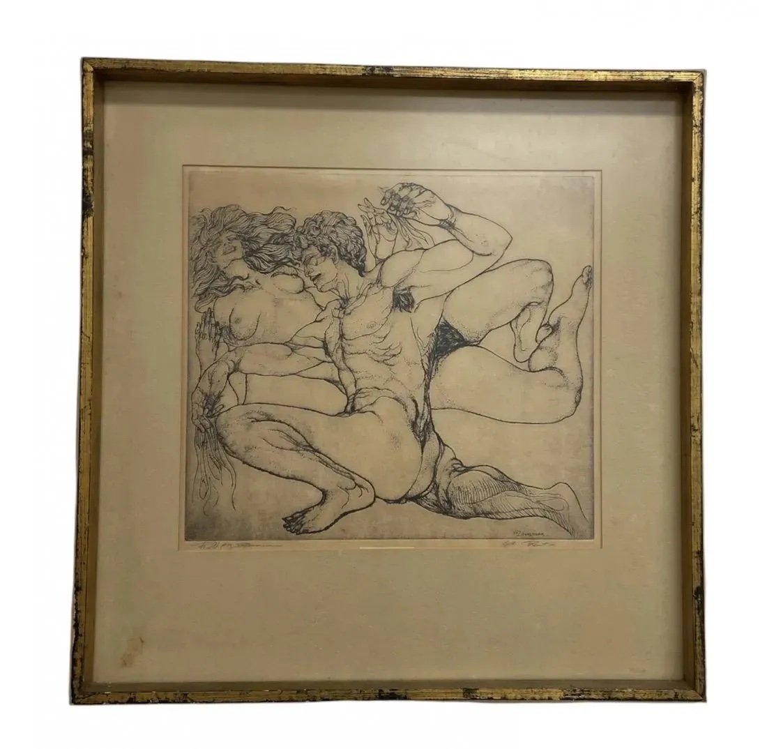 Mid-Century Erotic Nude Etching, Signed: Pencil signed 14 1/2 x 13 1/4 in, 22 x 22 in (framed)
