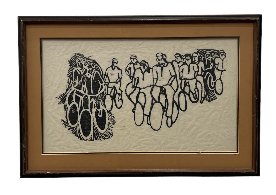 1970's Modernist Bike Racing Woodblock Print: 23 1/4 x 13 1/2 in, 29 x 20 in (framed)