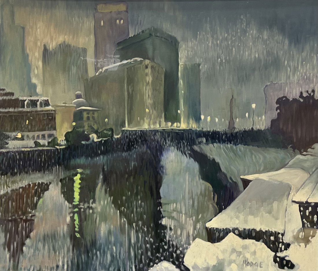 WPA Style Modernist Winter River City Scene, Signed (1 of 4)