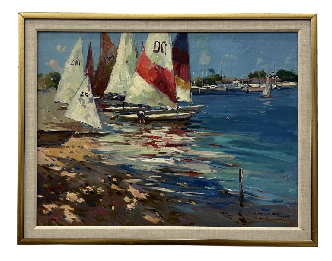 RAMON ORRIT (20th c, Spanish) Sailboats In Harbor: Oil on canvas 40 x 30 in, 45 x 35 in (framed)