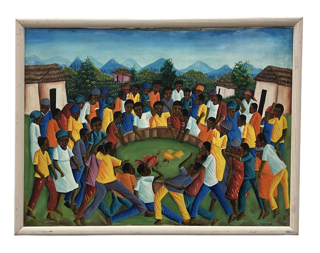 Haitian Cock Fighting Painting, Signed: 40 x 30 in, 42 1/2 x 32 1/2 in (framed)