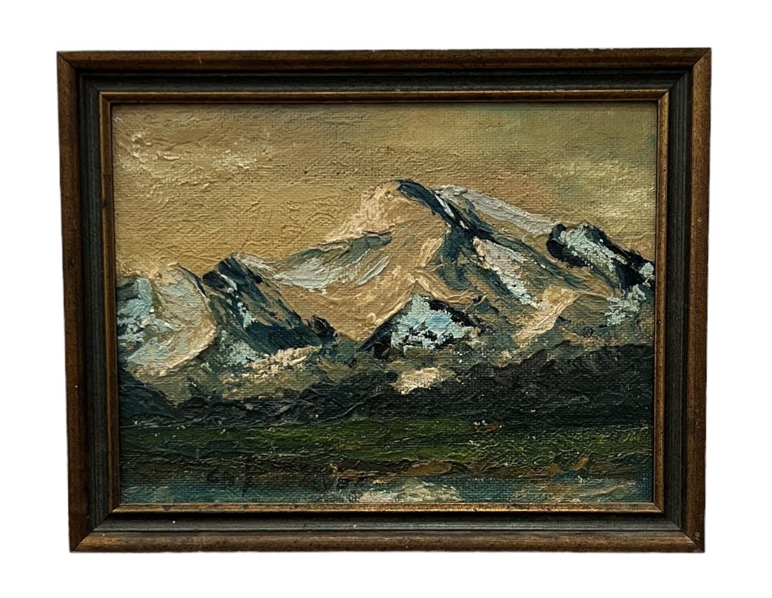 REBECCA PENALVER (20th c, Alaska) Mount McKinley: Impressionist oil on board 13 1/2 x 10 1/2 in