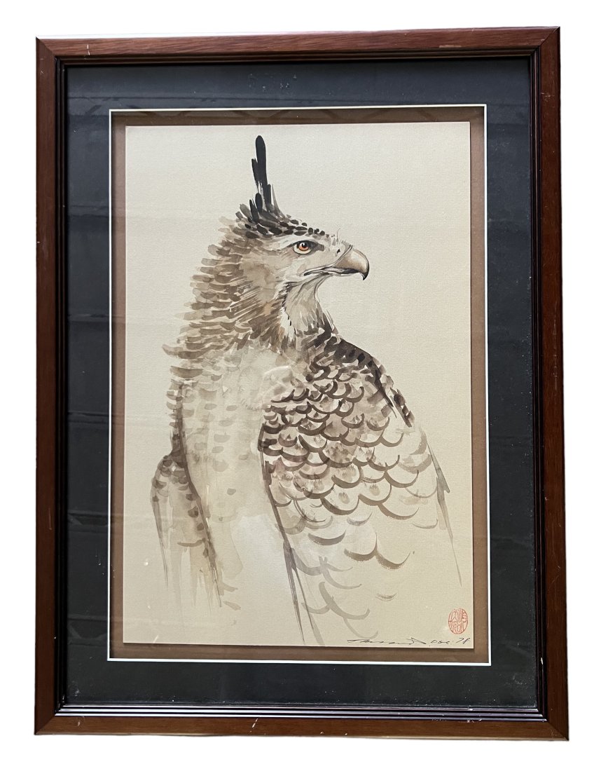 1970's Chinese Watercolor Of A Hawk Signed & Stamped: 25 x 19 in (framed)