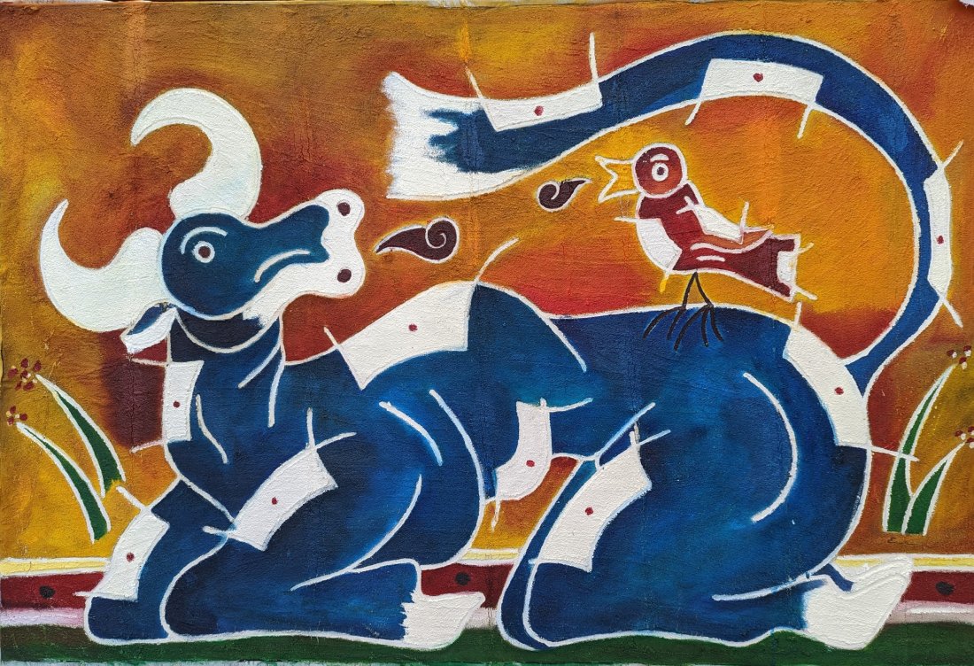 ERNESTO NOVELO (20th c, Mexico) Monumental Bull Abstract: Oil on canvas 60 x 40 in