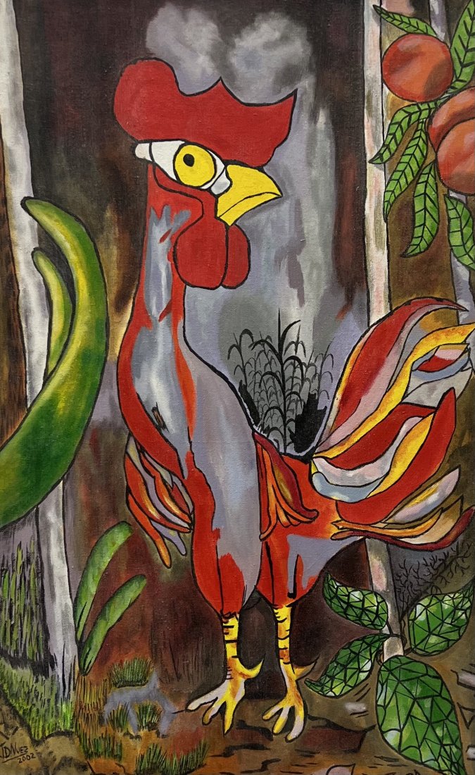 Latin American Signed Rooster Painting: Oil on canvas 38 x 24 in