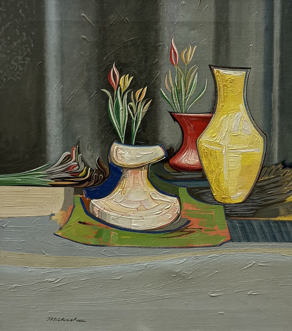 Post Cubist Still Life Painting, Signed: Oil on canvas 19 x17 in
