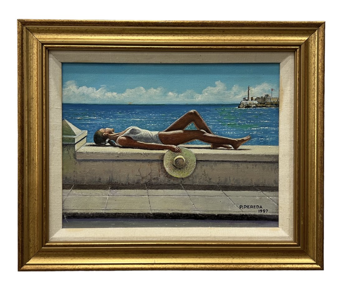 Cuban Painting Woman Sunbathing At Havana Harbor, Signed: Oil on canvas 12 x 9 in, 15 1/2 x 12 1/2 in