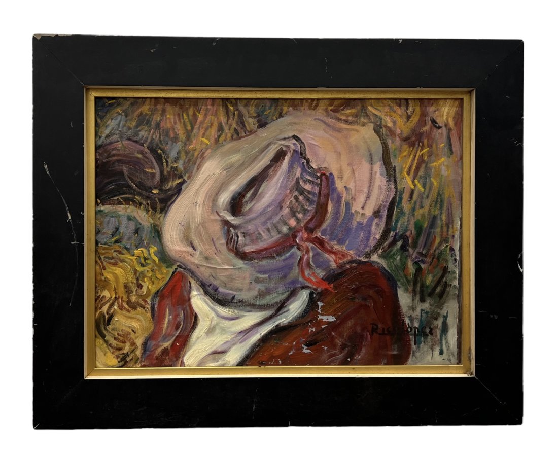 RICOLOPEZ (b. 1925, Spain) Modernist Portrait Figure w/ Hat: Oil on canvas 30 1/2 x 21 1/2 in, 39 x 31 in (framed). RICOLOPEZ was born in Yecla (Murcia)-Spain in 1925