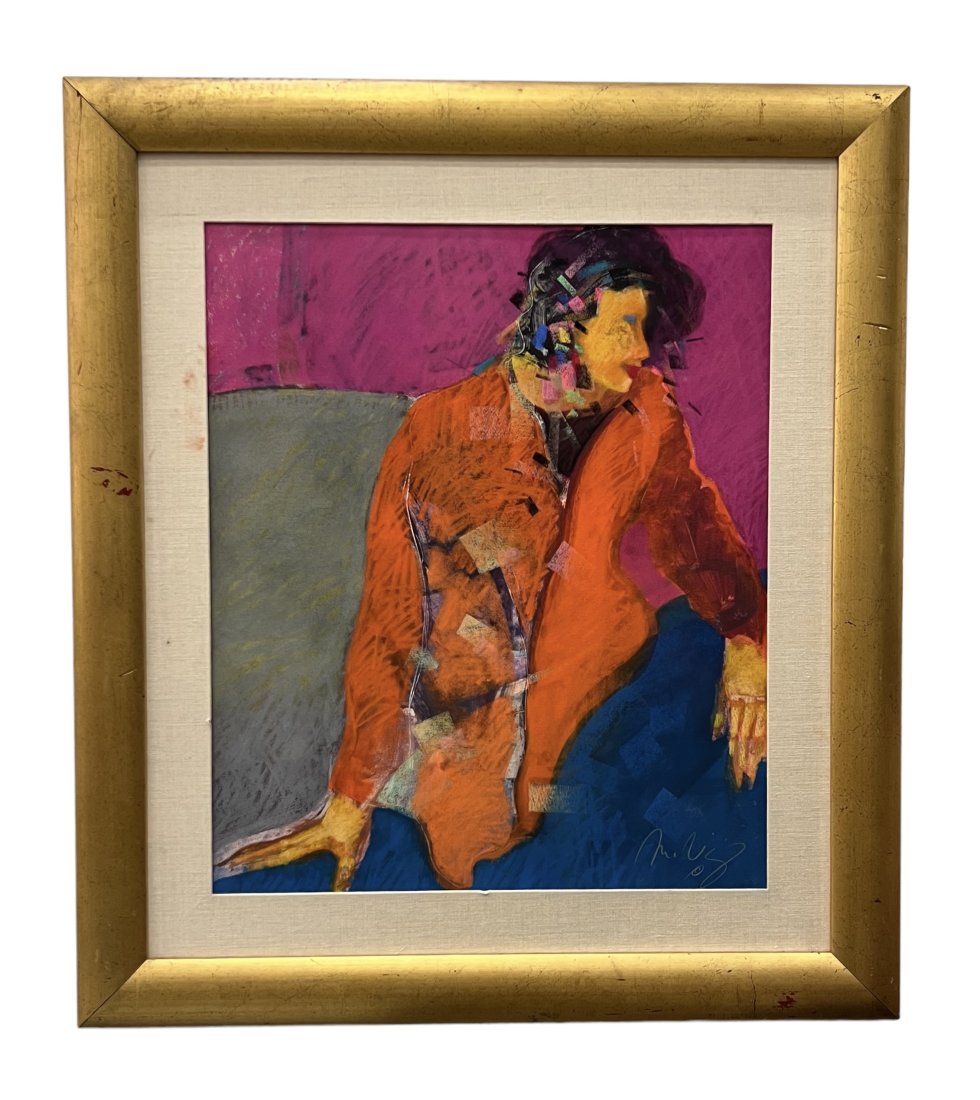 Post-Modernist Figural Abstract Pastel, Illegible Signatire: Pastel 28 x 24 in, 40 x 35 in (framed)