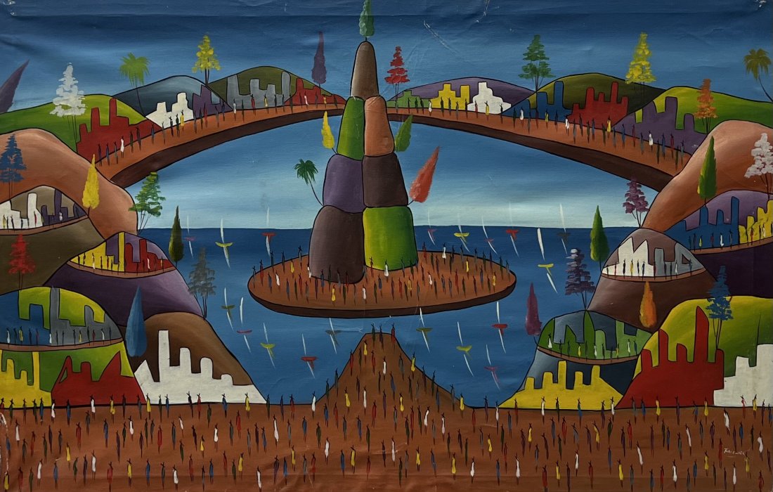 Modernist Haitian Folk Art Painting, Signed: Similar in style to PREFETE DUFFAUT. 36 x 23 1/2 in