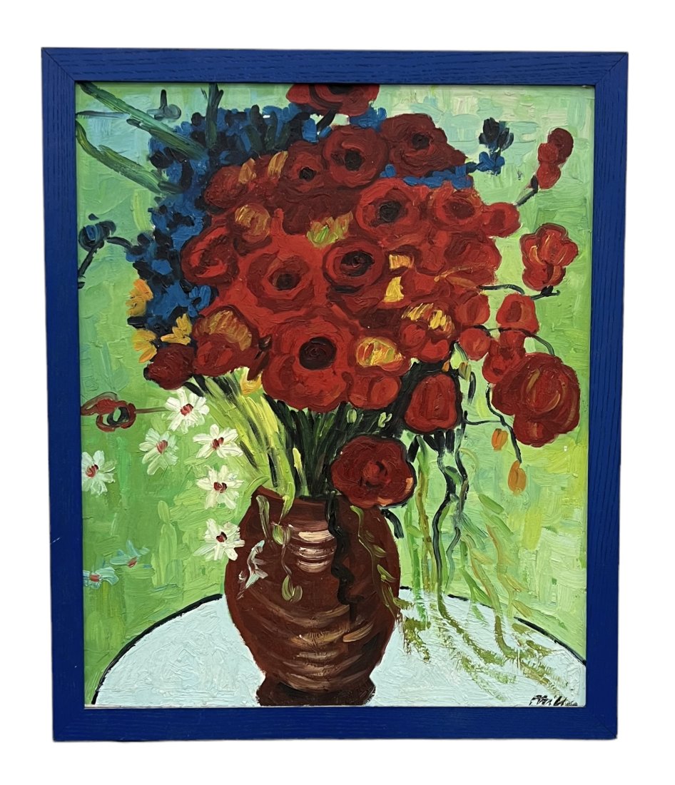 Vintage Modernist Still Life Of Flowers Signed: Oil on canvas 26 1/2 x 22 1/2 in (framed)