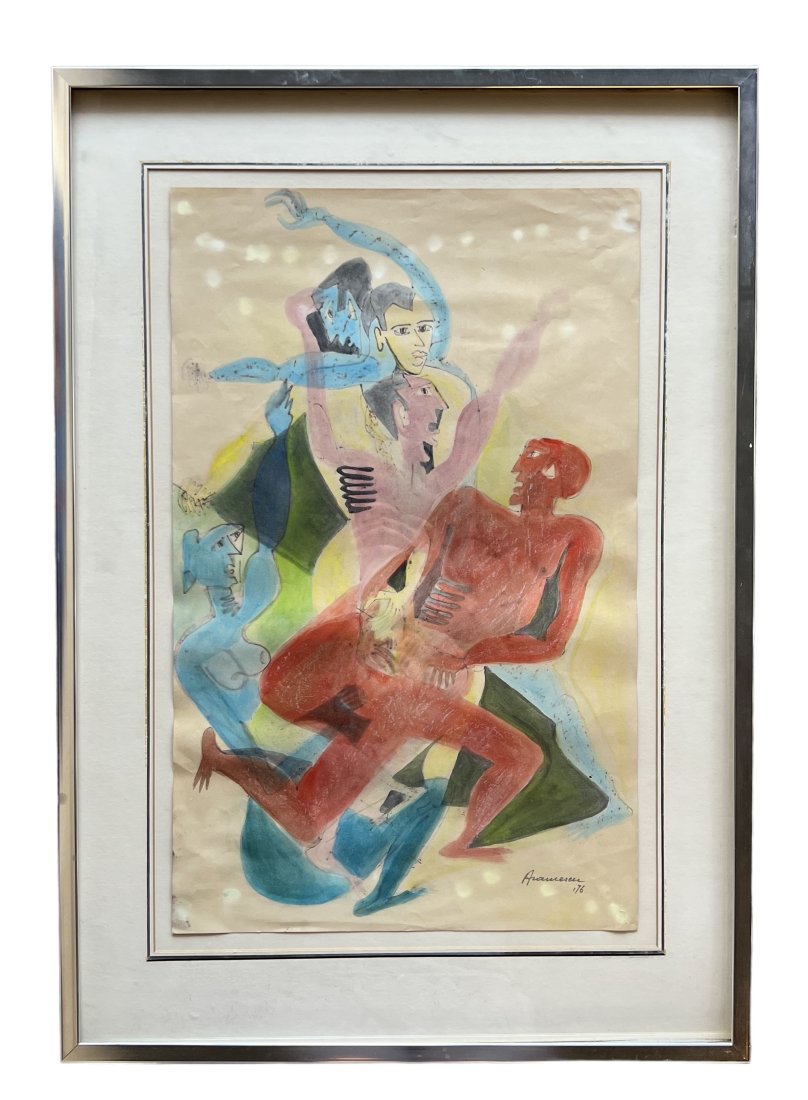 GEORGETA GIGI ARAMESCU (1910-1994, Romanian American) Cubist: Mixed media on paper 23 x 14 1/2 in. 30 1/2 x 21 1/2 in (framed). Georgeta (Gigi) Aramescu Anderson was born in Romania in 1910. She received a law degree from the University of Grenoble, France, and 