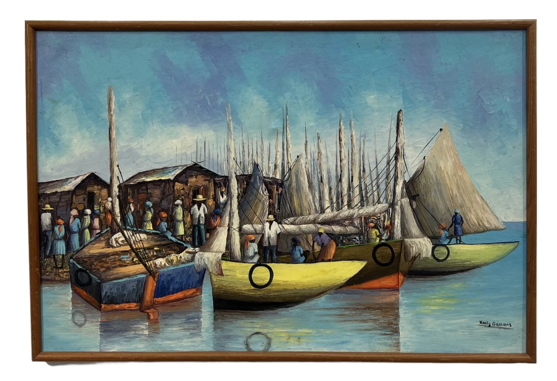 KERLY GERVAIS (20th c, Haitian) Harbor Scene: Oil on canvas 36 x 24 in