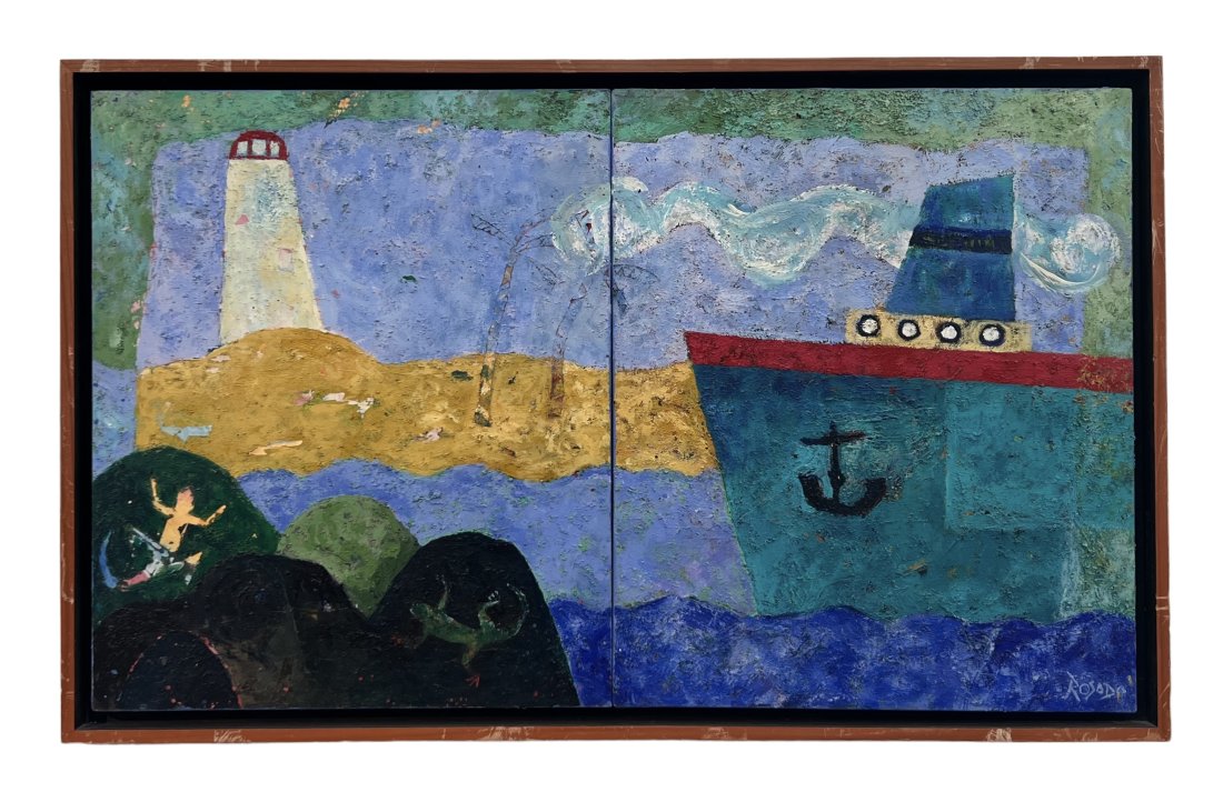 GABRIELA ROSADO (b. 1966, Mexico) Sea Beach Boat Abstract: Oil on canvas 42 x 26 in. Born in Mexico City in 1966, where she studied a degree in Fine Arts at the National School of Painting, Sculpture and Engraving "La Esmeralda" National Institute of Fine Art