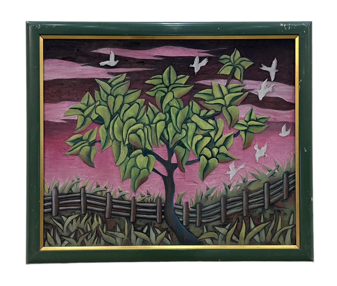 ANDRES CANETE (b. 1954, Paraguay) Wood Relief Landscape: Signed. Oil on wood 33 x 28 in (framed)
