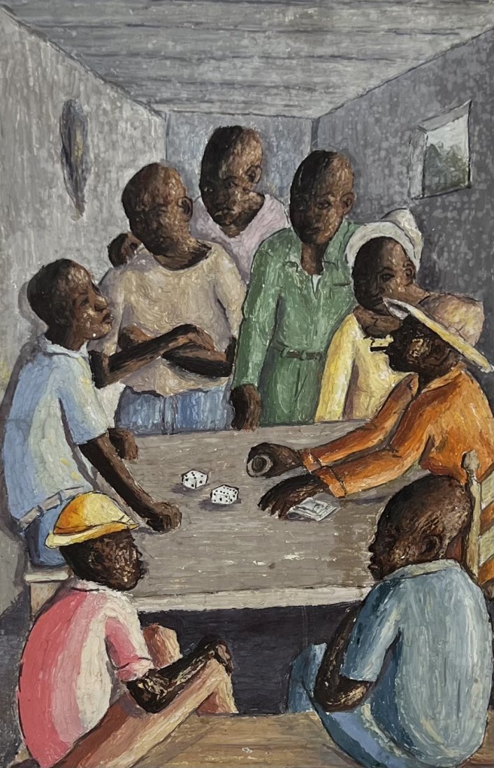 MATHILDE DEROSIERS ( b. 1947, Haitian) Shooting Dice: Mathilde Desrosiers. Oil on board 17 1/2 x 11 1/2 in