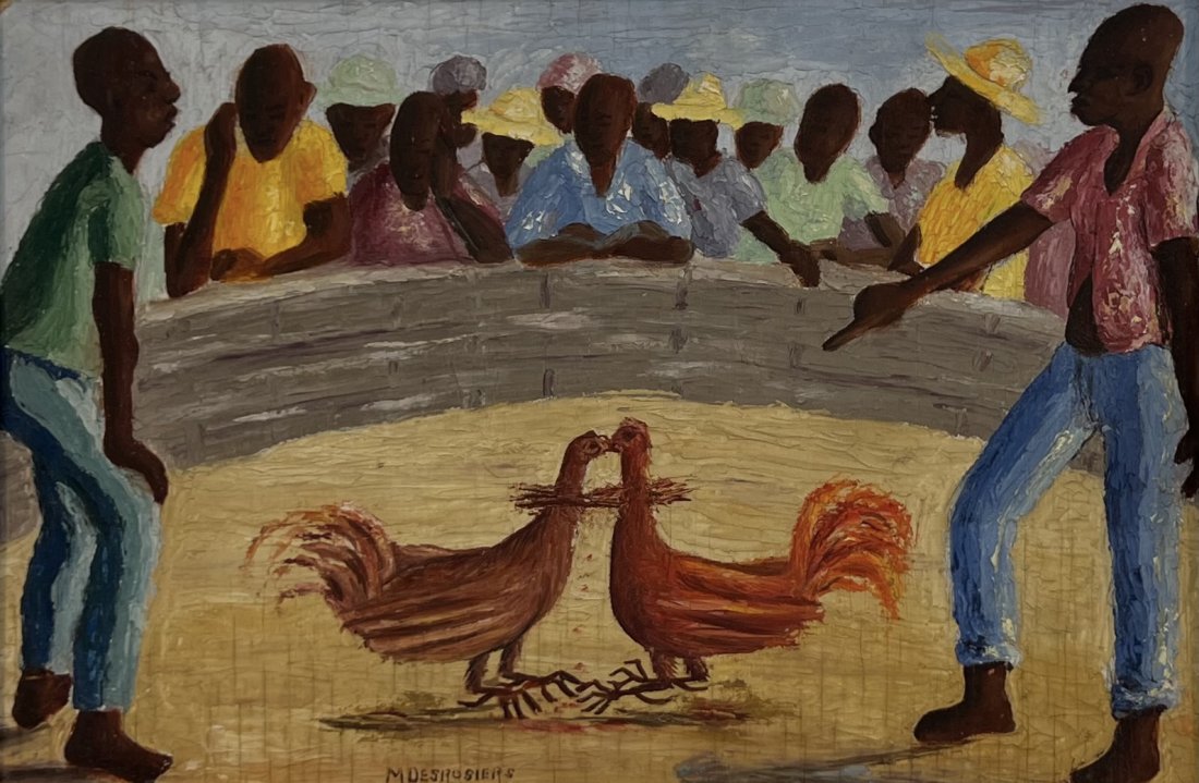 MATHILDE DEROSIERS ( b. 1947, Haitian) Cock Fighting: Oil on board 15 x 10 in