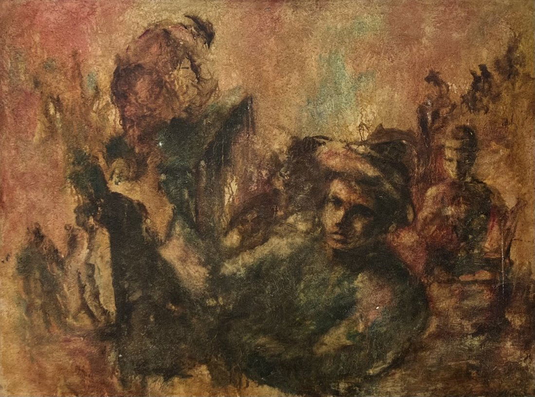 Large Spanish Modernist Caravan Scene w/ Figures Painting (1 of 3)