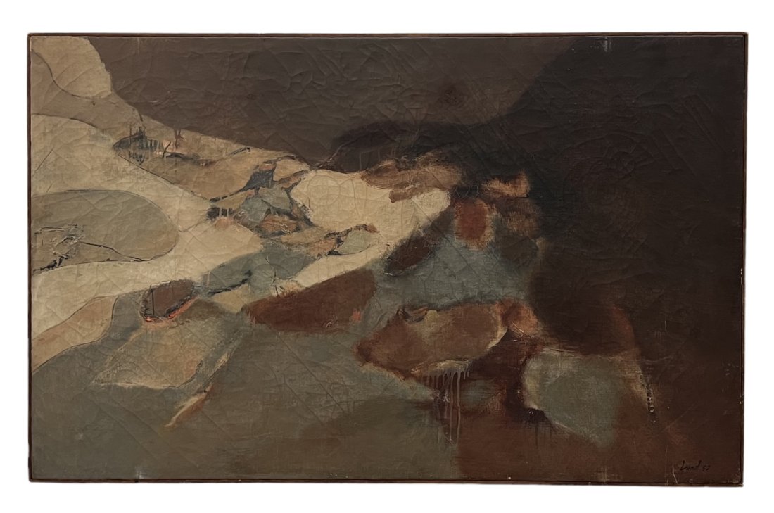 Mid-Century Modern European Abstract Painting, Signed: Oil on canvas 48 x 30 in
