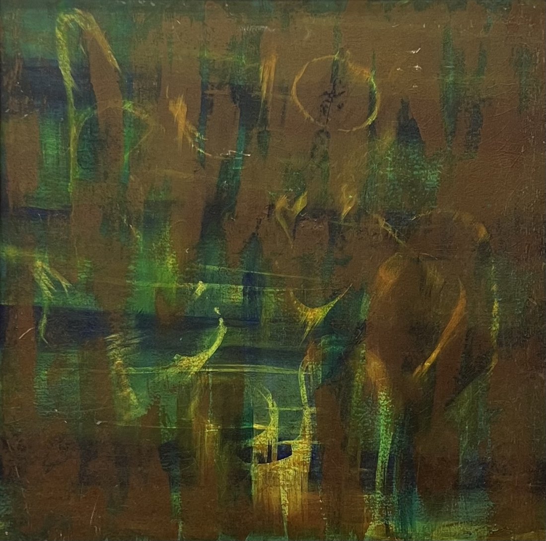 REBECCA COWAN (20th c, American) Mid-Century Abstract: Oil on canvas 40 x 40 in