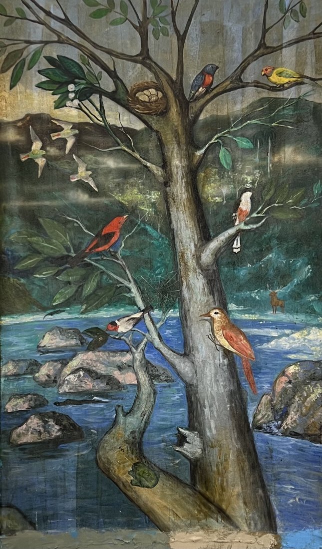 Antique Monumetal Size River Landscape Painting With Birds: Oil on canvas 80 x 48 in