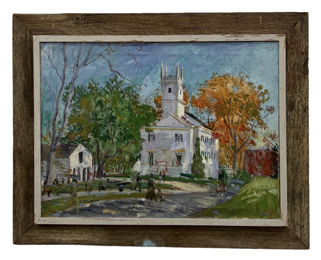 American School Impressionist New England Schoolhouse Landscape, Unsignd: Oil on canvas 31 x 23 in, 38 1/2 x 30 1/2 in (framed)