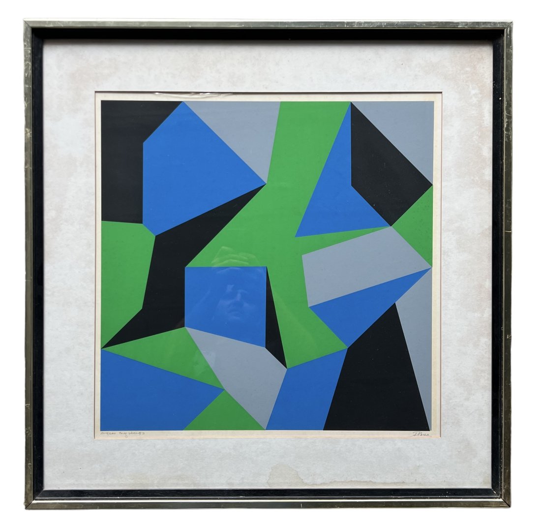 SUSAN PEREA (20th c, American) MCM Geomtric Abstract: 19 x 19 in (image), 27 1/2 x 27 1/2 in (framed)