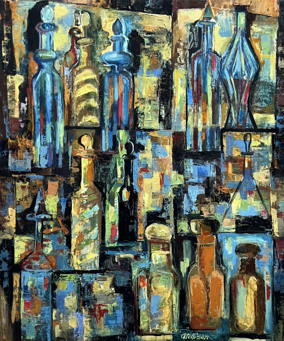 Mid-Century Modern Abstract Of Bottles, Signed: Oil on board 24 x 20 in
