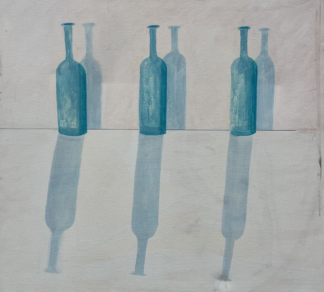 STAN McCREA (1929-2017, Florida) Minimalist Bottles Abstract: Oil on canvas 39 x 29 in. Boynton Beach artist.