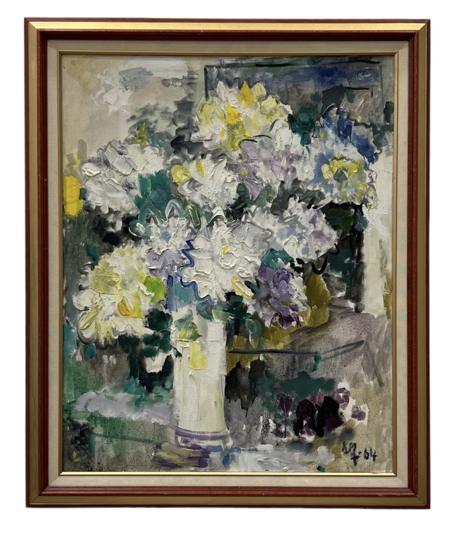 Modernist Still Life Of Flowers Illegible Signature 1964: Oil on canvas 30 x 24 in, 35 x 29 in (framed)