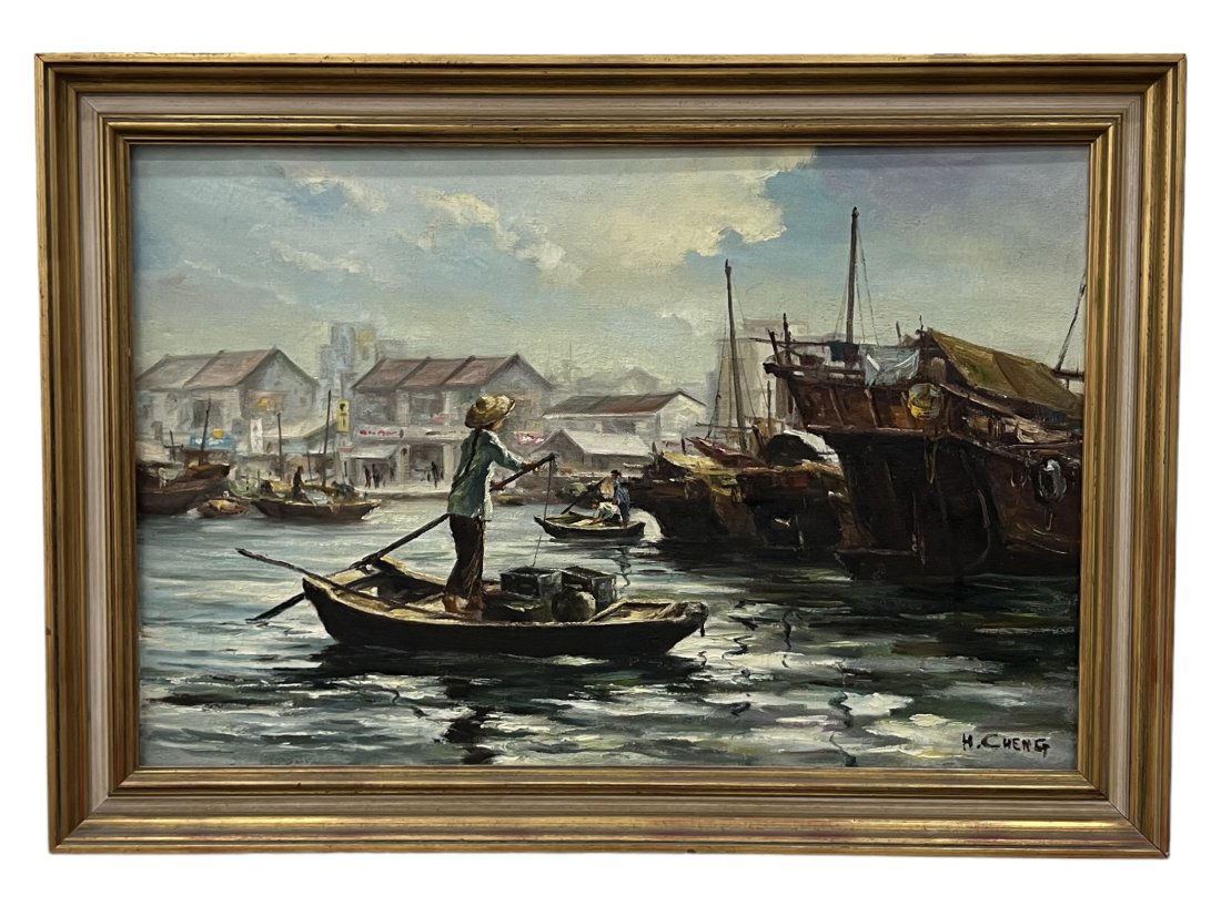 Chinese Impressionist Harbor Scene Painting Signed H. Cheng (1 of 4)