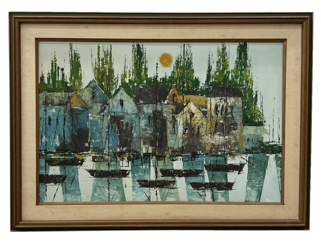 Mid-Century Modernist Lake Scene Signed Ruby: Oil on canvas 36 x 24 in, 44 x 32 in