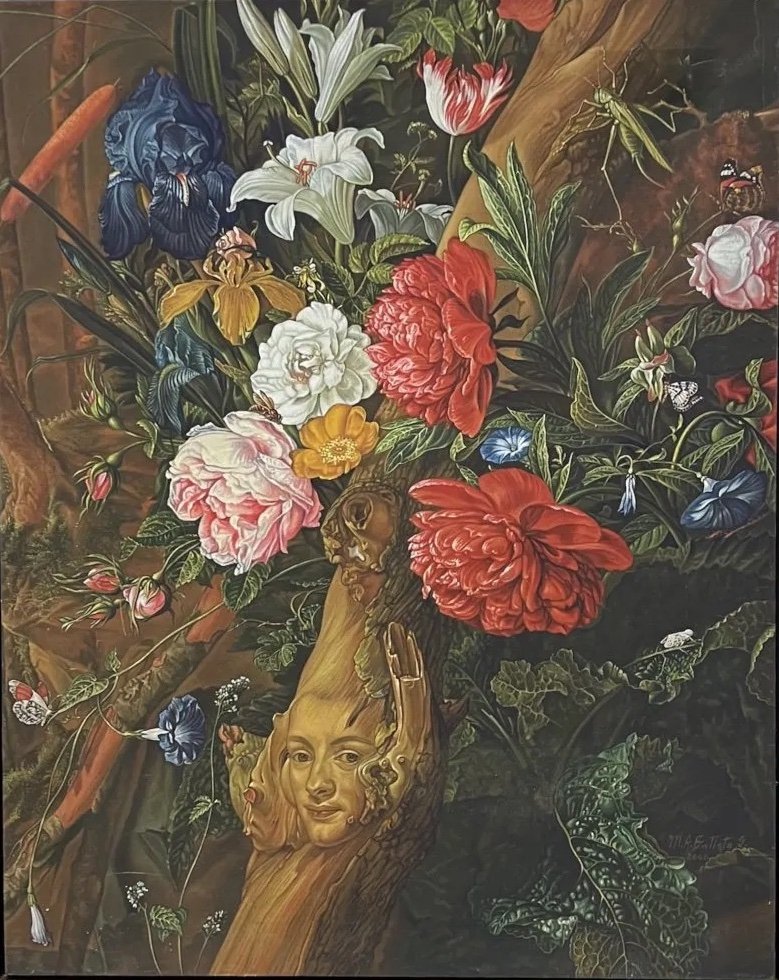 Hyperrealist Surrealist Floral Painting, Signed Unknown Artist: Oil on canvas 39 x 31 in