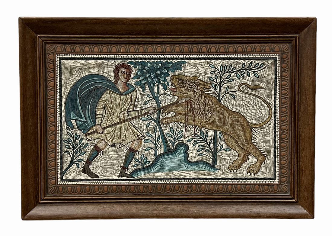 Greek Mosaic Of Alexander The Great Slaying A Beast, Signed On Back (1 of 3)
