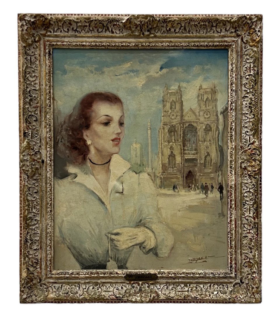 ANTAL JANCSEK (1907-1985, Hungarian) Woman By Notre Dame Cathedral Paris (1 of 4)