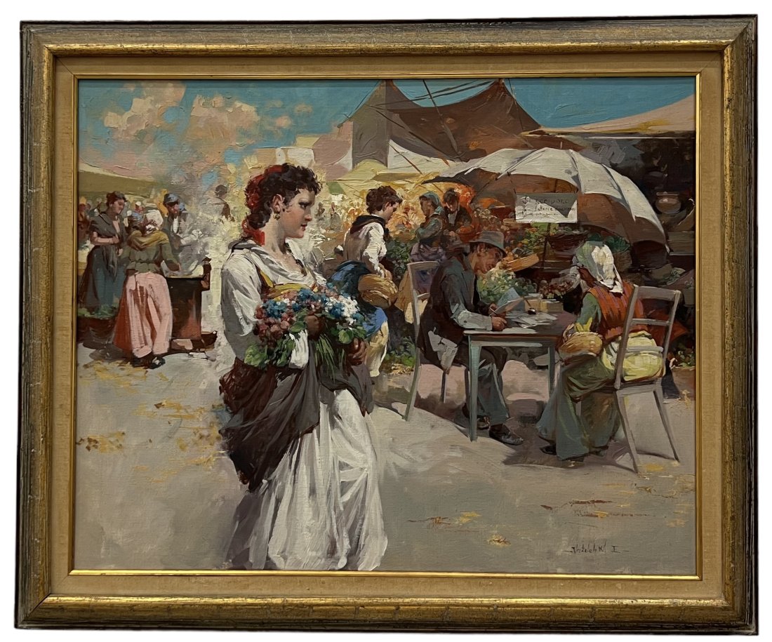 EMERICH VIZKELETY (20th c, Hungarian) Market Scene: Emerich Vizkelety. Oil on canvas 30 x 25 in, 35 x 30 in (framed).