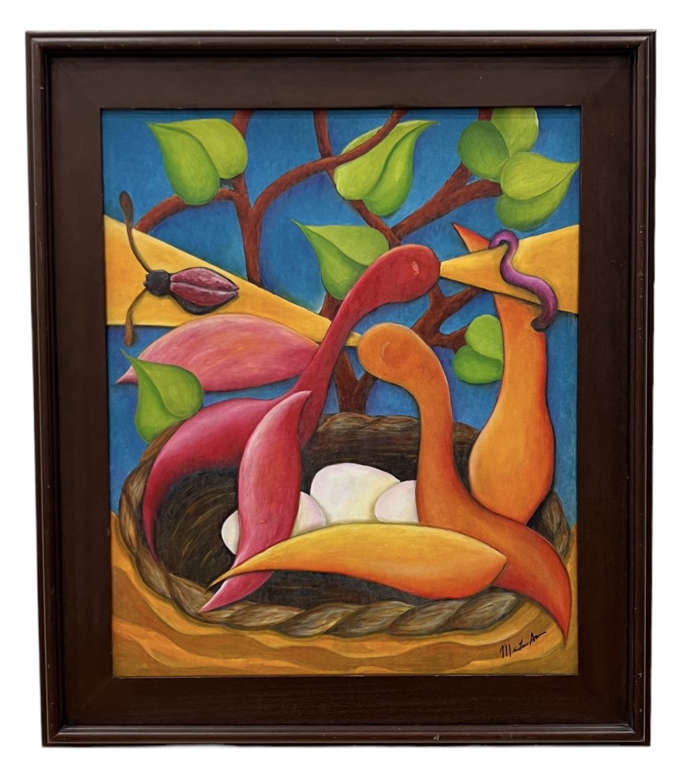 Colorful Modernist Painting Of Birds In Nest, Signed: Oil on canvas 24 x 20 in, 30 x 26 in (framed)