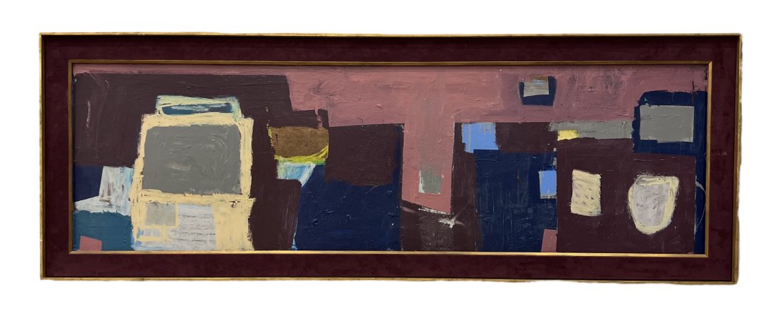 Large Modernist Interior Abstract Painting Signed Illegibly Oil On Wood (1 of 5)