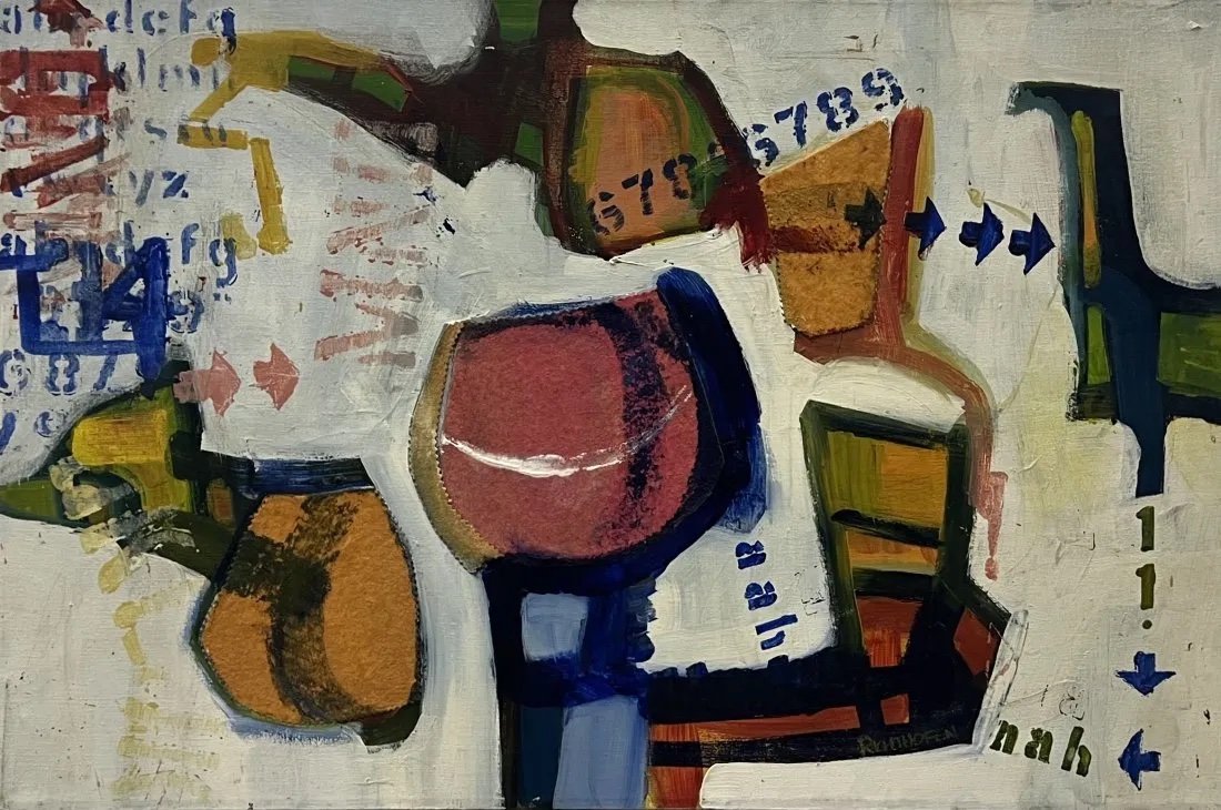 Mid-Century Modern Abstract, Signed: Oil and collage on canvas 36 x 24 in