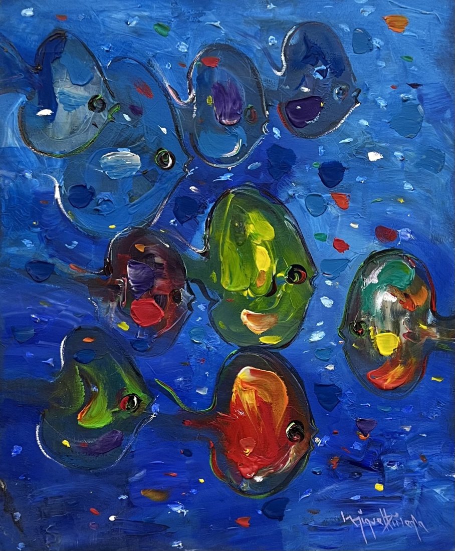 MIGUEL PINEDA (20th c, Dominican Republic) Fish: Oil and acrylic on canvas 24 x 30 in