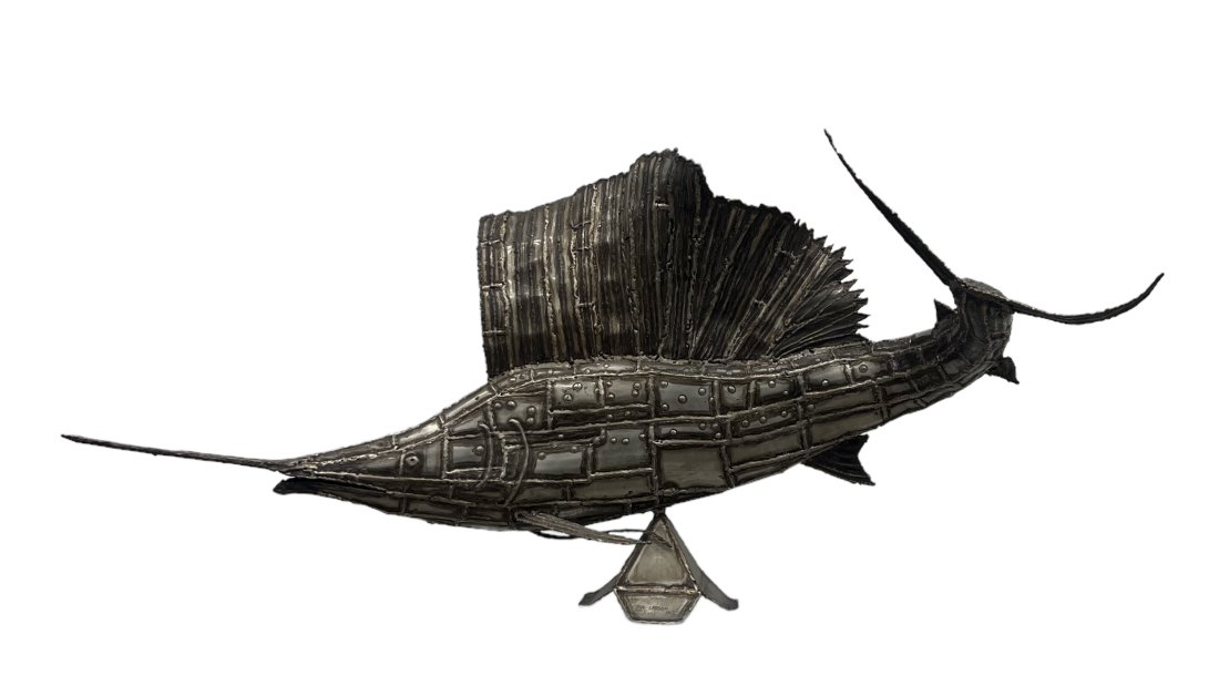 Large Welded Steel Brutalist Sailfish Sculpture, Signed Folk Art (1 of 4)
