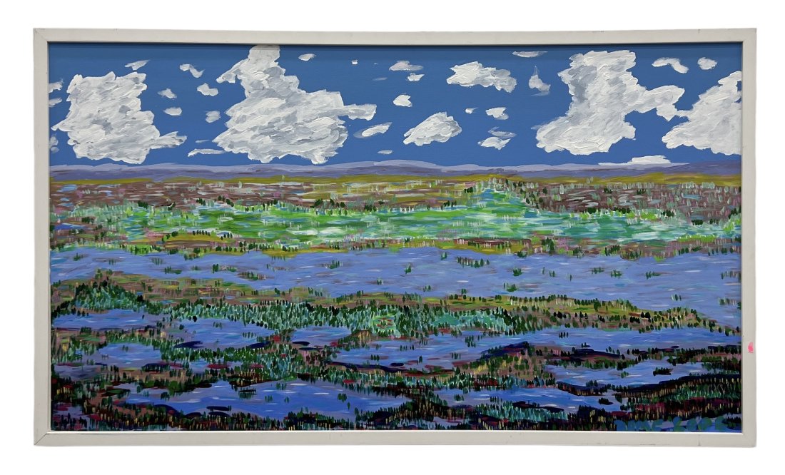 Modernist Naive Marsh Landscape Painting, Signed: Acrylic on board 52 x 30 in