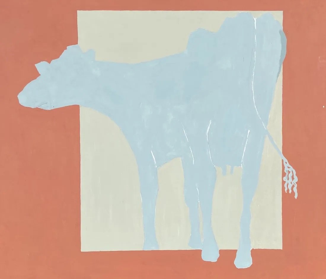 Large Vintage Pop Art Cow Painting, Style Of Andy Warhol: Oil on canvas 43 x 37 in