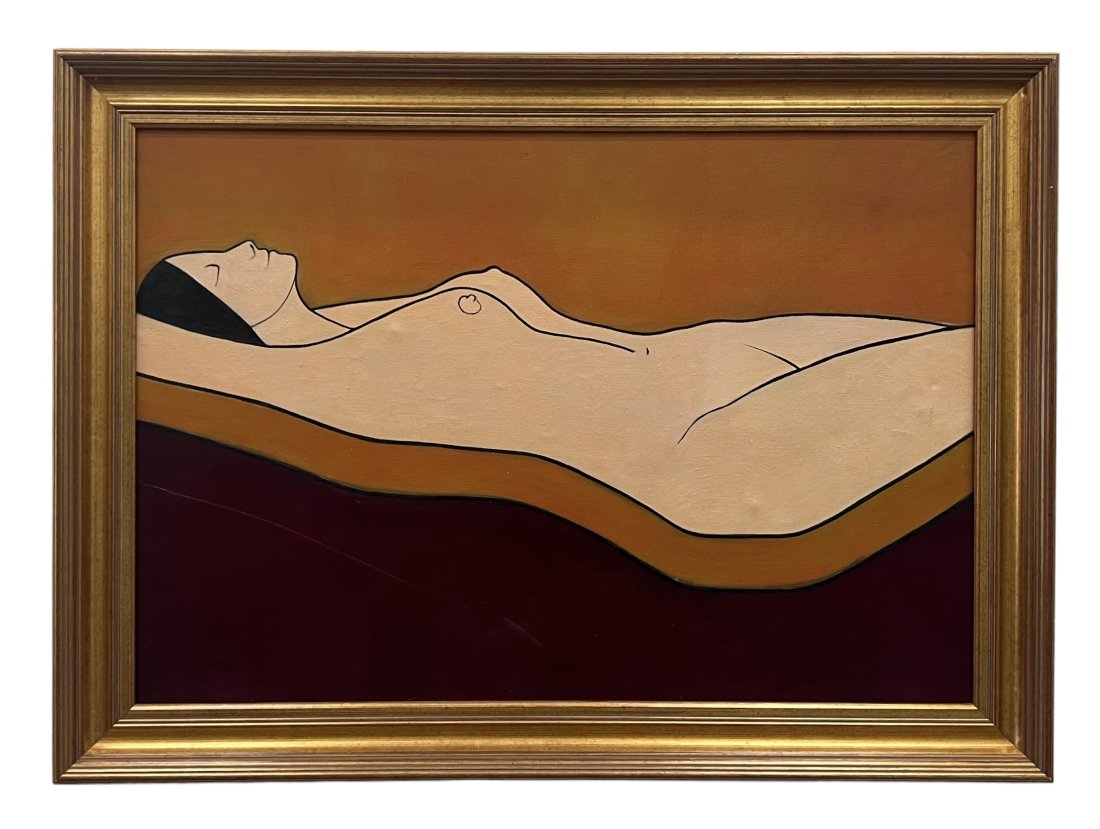 Large 1970's Modernist Nude Painting, Unsigned Stamped On Back: Stamp on back. Oil on canvas 53 x 38.5 in (framed)