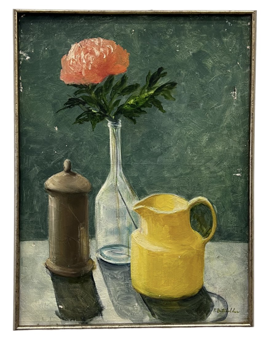 Vintage Modernist Still Life Of Flowers, Signed: Oil on canvas 34 x 25 1/2 in, 35.5 x 27 in (framed).